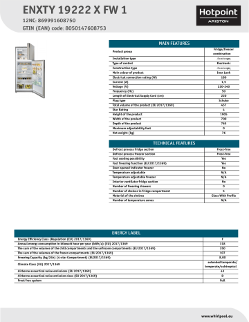 HOTPOINT/ARISTON ENXTY 19222 X FW 1 Fridge/freezer combination NEL Data Sheet | Manualzz
