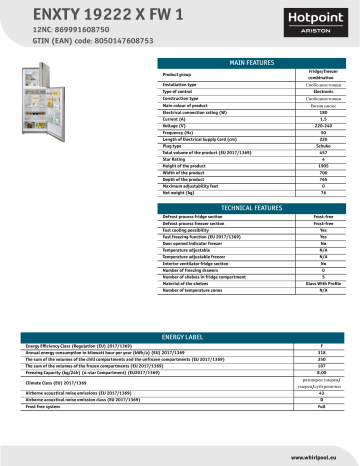 HOTPOINT/ARISTON ENXTY 19222 X FW 1 Fridge/freezer combination NEL Data Sheet | Manualzz