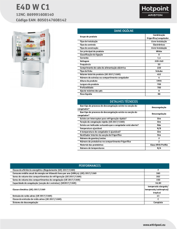 HOTPOINT/ARISTON E4D W C1 Fridge/freezer combination Manual do usuário | Manualzz