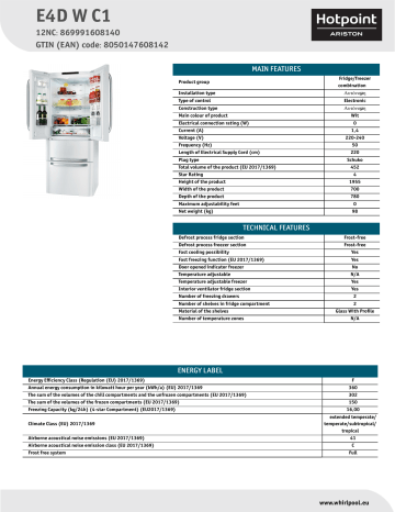 HOTPOINT/ARISTON E4D W C1 Fridge/freezer combination NEL Data Sheet | Manualzz