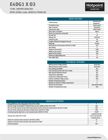 HOTPOINT/ARISTON E4DG1 X O3 Fridge/freezer combination NEL Data Sheet | Manualzz