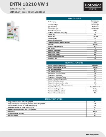 HOTPOINT/ARISTON ENTM 18210 VW 1 Fridge/freezer combination Product Data Sheet | Manualzz