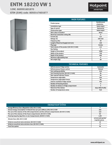 HOTPOINT/ARISTON ENTM 18220 VW 1 Fridge/freezer combination NEL Data Sheet | Manualzz