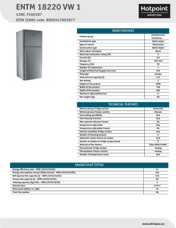 HOTPOINT/ARISTON ENTM 18220 VW 1 Fridge/freezer combination Product Data Sheet | Manualzz