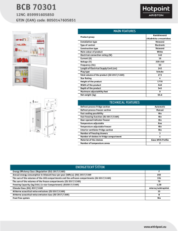 HOTPOINT/ARISTON BCB 70301 Fridge/freezer combination NEL Data Sheet | Manualzz