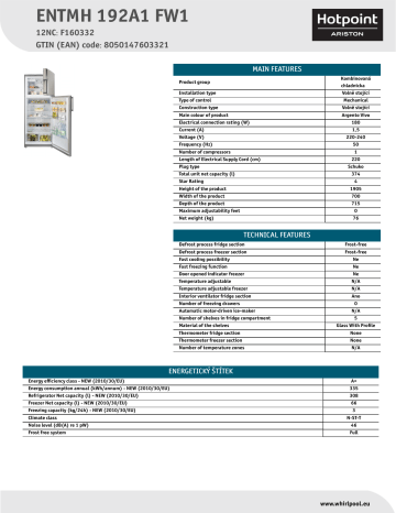 HOTPOINT/ARISTON ENTMH 192A1 FW1 Fridge/freezer combination Product Data Sheet | Manualzz