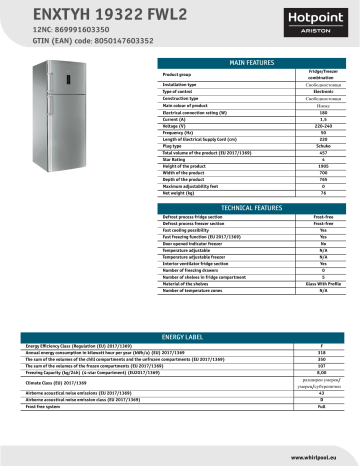 HOTPOINT/ARISTON ENXTYH 19322 FWL2 Fridge/freezer combination NEL Data Sheet | Manualzz