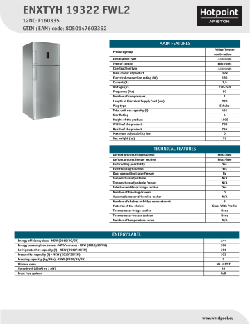 HOTPOINT/ARISTON ENXTYH 19322 FWL2 Fridge/freezer combination Product Data Sheet | Manualzz