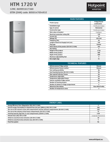 HOTPOINT/ARISTON HTM 1720 V Fridge/freezer combination NEL Data Sheet | Manualzz