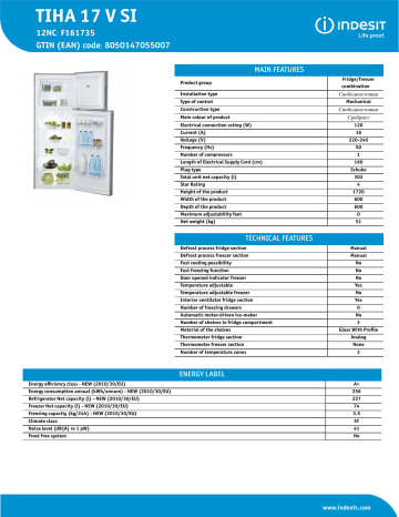 Indesit TIHA 17 V SI Fridge/freezer combination Product Data Sheet | Manualzz