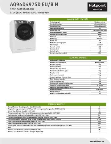 HOTPOINT/ARISTON AQ94D497SD EU/B N Washing machine Vartotojo vadovas |  Manualzz