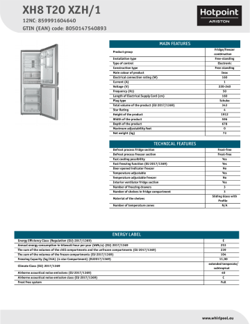 HOTPOINT/ARISTON XH8 T2O XZH/1 Fridge/freezer combination NEL Data Sheet | Manualzz