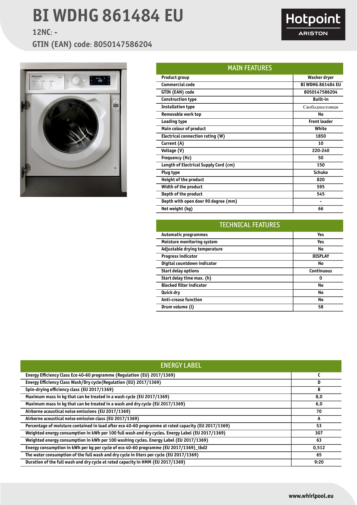 HOTPOINT/ARISTON BI WDHG 861484 EU Washer dryer NEL Data Sheet | Manualzz