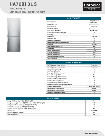 HOTPOINT/ARISTON HA70BI 31 S Fridge/freezer combination Product Data Sheet | Manualzz