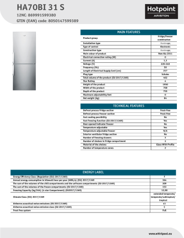 HOTPOINT/ARISTON HA70BI 31 S Fridge/freezer combination NEL Data Sheet | Manualzz