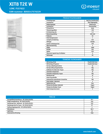 Indesit XIT8 T2E W Fridge/freezer combination Produktdatablad | Manualzz