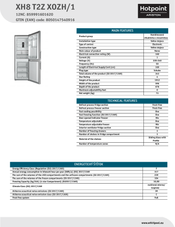 HOTPOINT/ARISTON XH8 T2Z XOZH/1 Fridge/freezer combination NEL Data Sheet | Manualzz