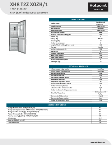 HOTPOINT/ARISTON XH8 T2Z XOZH/1 Fridge/freezer combination Product Data Sheet | Manualzz