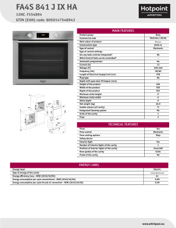 HOTPOINT/ARISTON FA4S 841 J IX HA Oven Product Data Sheet | Manualzz