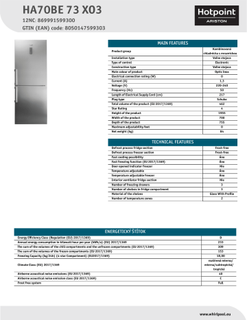 HOTPOINT/ARISTON HA70BE 73 XO3 Fridge/freezer combination NEL Data Sheet | Manualzz