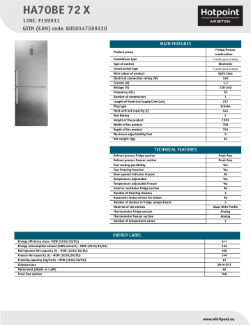HOTPOINT/ARISTON HA70BE 72 X Fridge/freezer combination Product Data Sheet | Manualzz