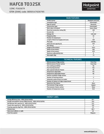 HOTPOINT/ARISTON HAFC8 TO32SX Fridge/freezer combination Product Data Sheet | Manualzz