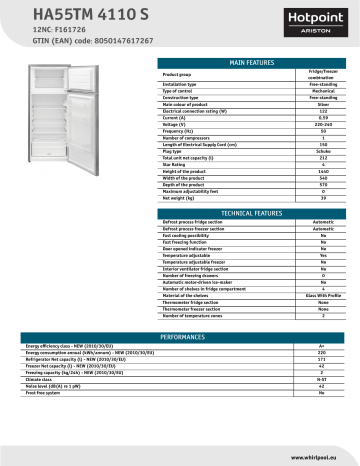 HOTPOINT/ARISTON HA55TM 4110 S Fridge/freezer combination Product Data Sheet | Manualzz
