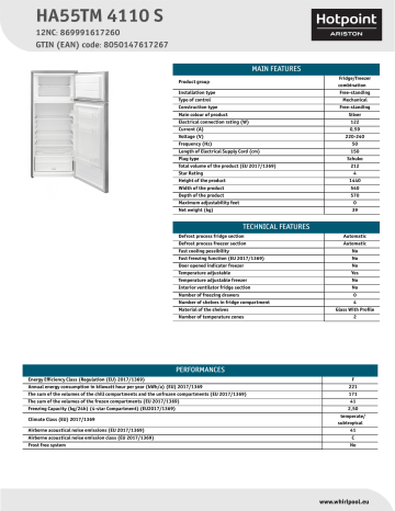 HOTPOINT/ARISTON HA55TM 4110 S Fridge/freezer combination NEL Data Sheet | Manualzz