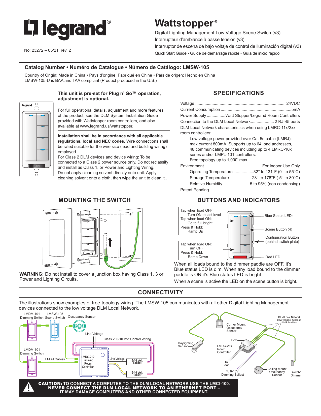 Wattstopper LMSW105 DLM Low Voltage Scene Switch Quick, 41 OFF