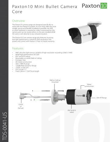 Paxton Tds-0041 Mini Bullet Camera – Core Data Sheet 