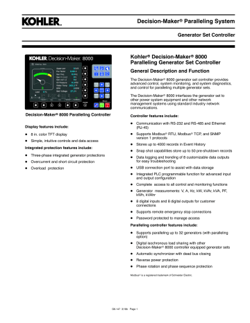 Kohler Decision-Maker® 8000 Control Specification Sheet | Manualzz