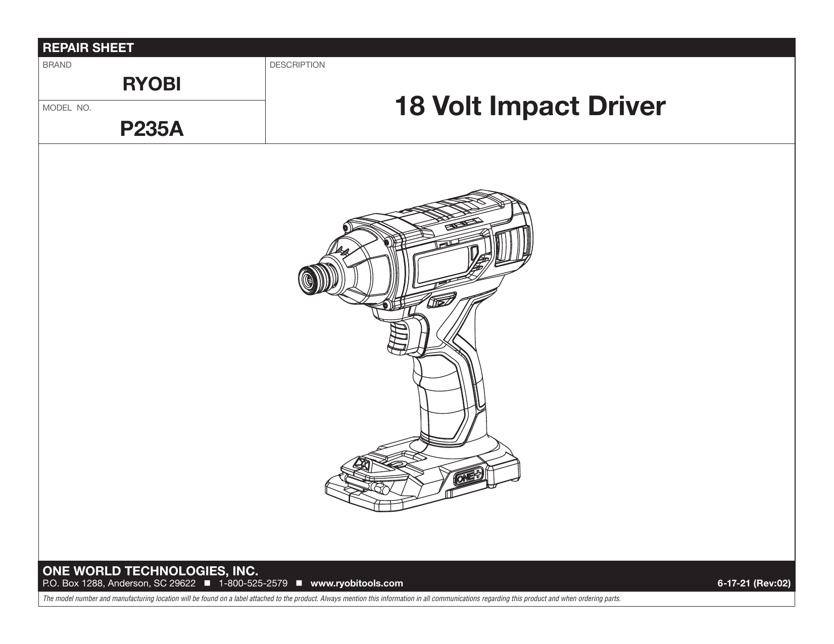 RYOBI P1818 18V ONE 4 tool COMBO KIT Owner Manual