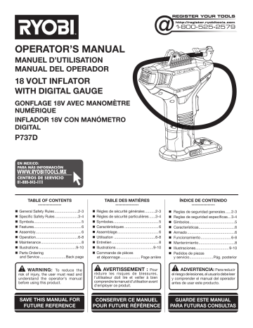 Ryobi 18v best sale air compressor manual