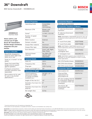 Bosch HDD86051UC 800 36-in Telescoping Stainless Steel Downdraft Range Hood Dimensions Guide | Manualzz