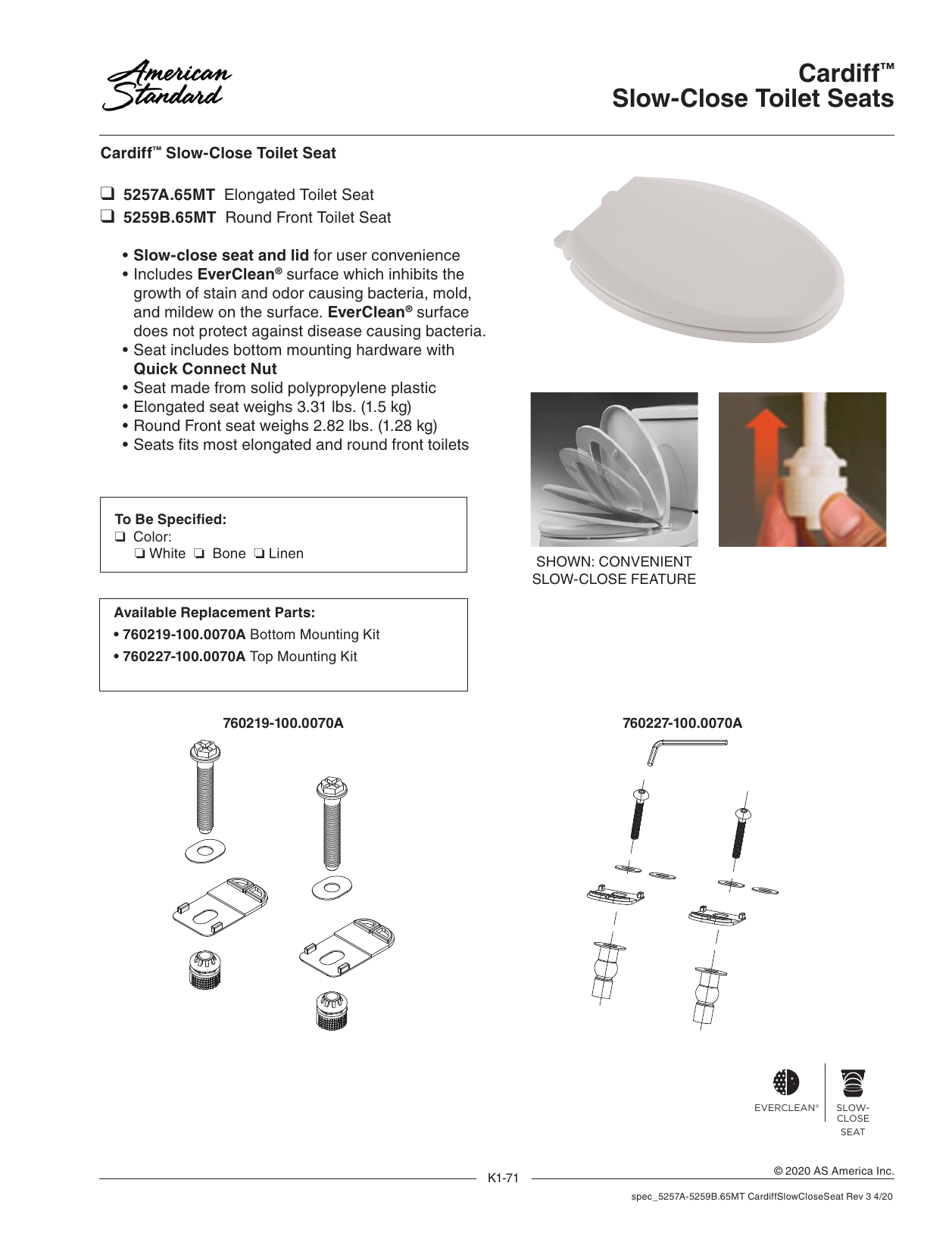 American Standard 5257A65MT.020 Cardiff White Elongated Slow-Close Toilet  Seat Dimensions Guide | Manualzz