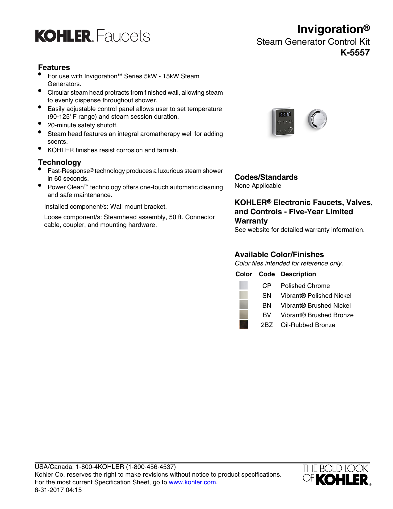 KOHLER 5548K1BV 15Watt Steam Generator Control Kit In