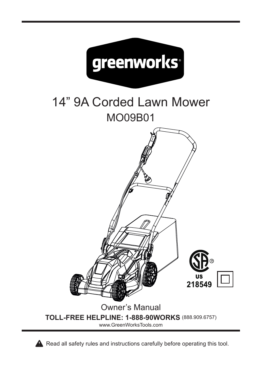 Greenworks MO09B01 9 Amp 14 in Corded Electric Lawn Mower Manual