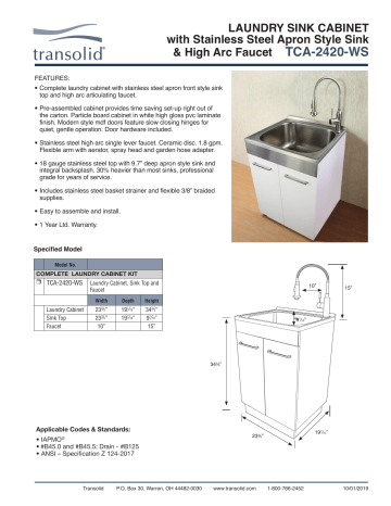 Transolid TCB-2420-WC 24-in Laundry Cabinet Sink Stainless Steel High Arc Faucet and Basket White