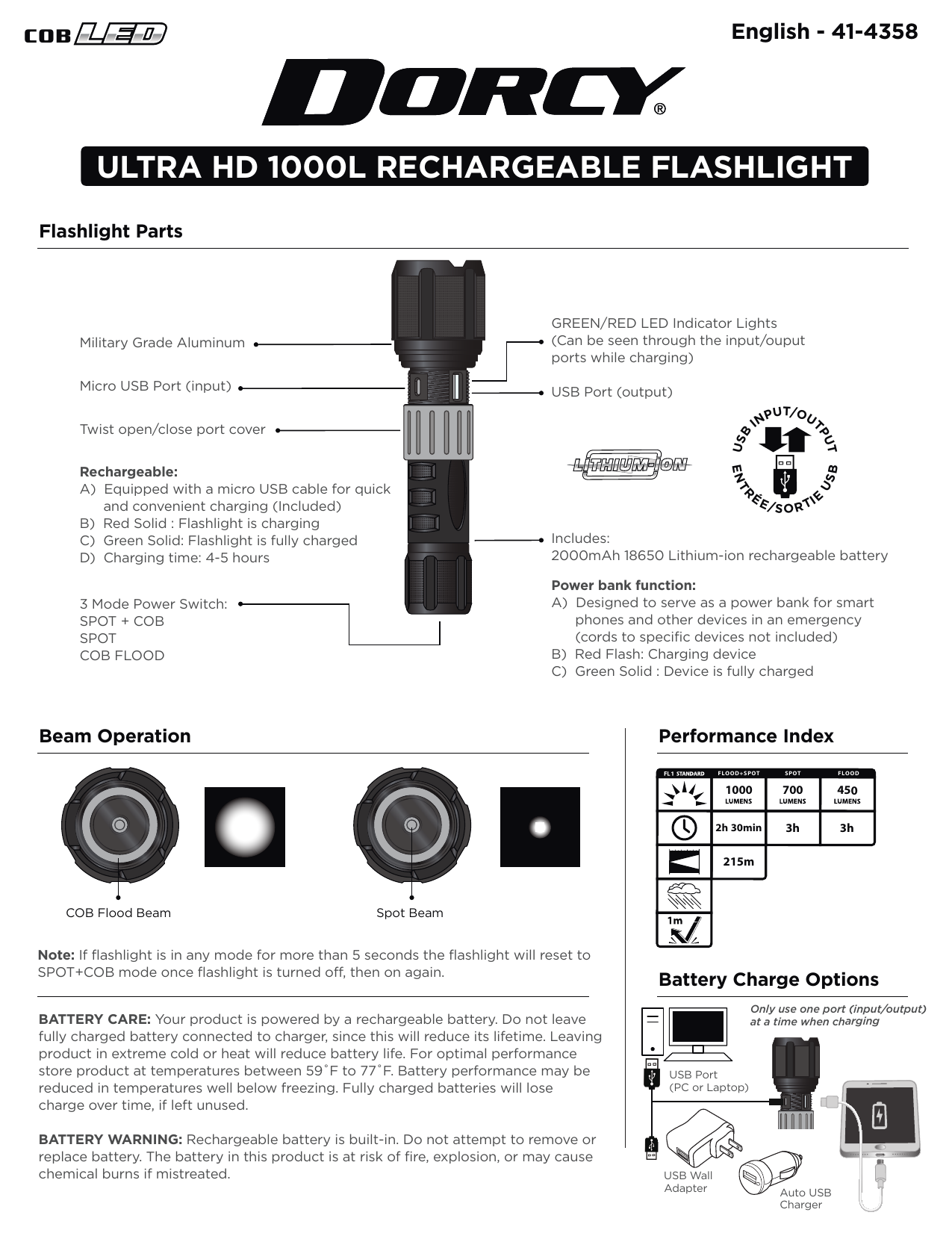 Dorcy 41-4358 1,000-Lumen USB-Rechargeable Instant Spot Flood Flashlight 