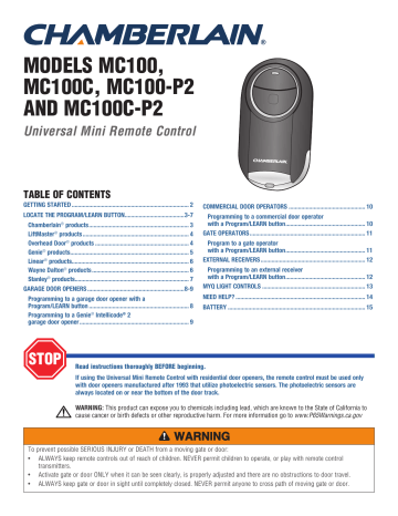 Universal by Chamberlain MINI Remote 2 Button Garage Door Opener MC100-P2 NEW Universal by Chamberlain MINI Remote 2 Button Garage Door Opener MC100-P2 NEW