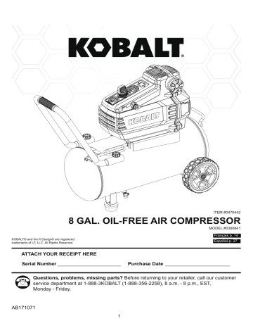 Kobalt 0300842 8-Gallon Single Stage Portable Electric Horizontal Air ...