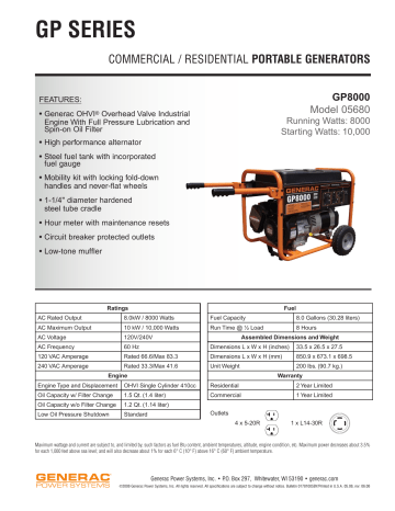 Generac Power Systems GP8000 Specification Sheet | Manualzz