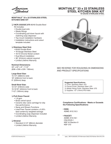 American Standard Sullivan Drop-In 33-in x 22-in Stainless Steel Double  Offset Bowl 2-Hole Kitchen Sink All-in-one Kit