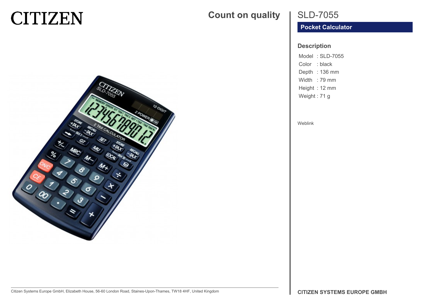 Pocket Calculator Citizen SLD-100N