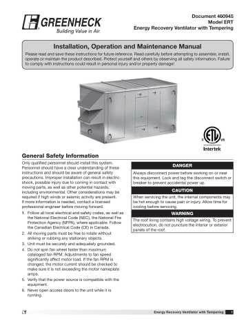 Greenheck 460945 ERT Installation And Operation Manual | Manualzz