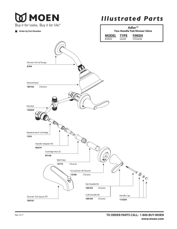 Moen 82602 Adler Chrome standard tub/shower Exploded Parts View | Manualzz