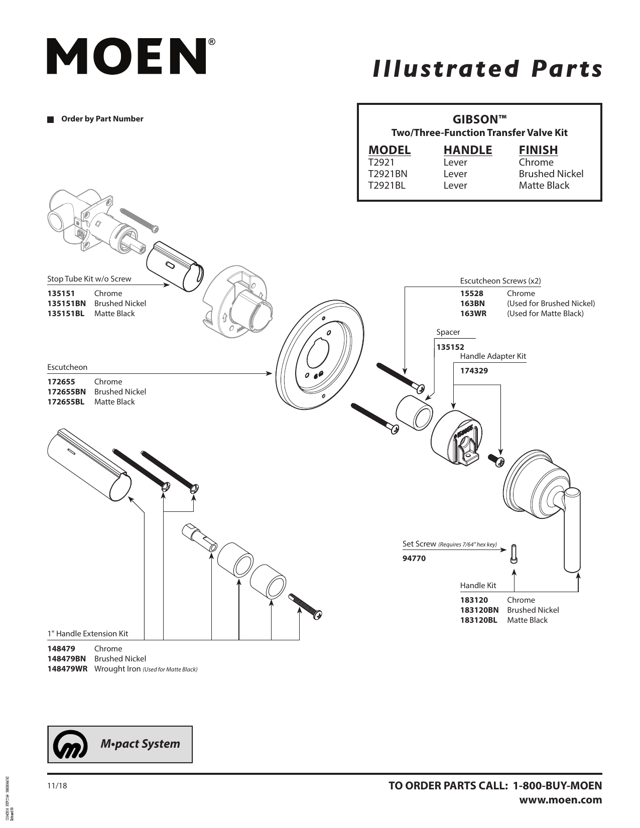 Moen T2921BL Gibson 2Function or 3Function Diverter Transfer Valve