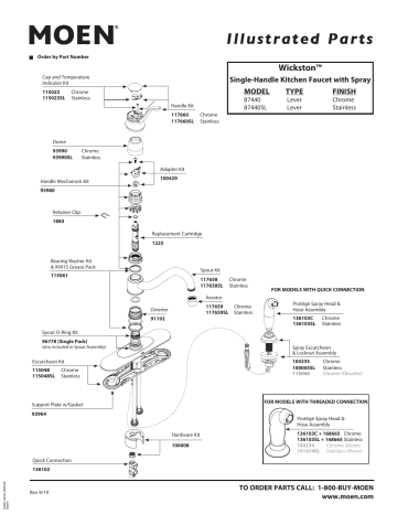 Moen 87440 Wickston Chrome one-handle low arc kitchen faucet Exploded ...