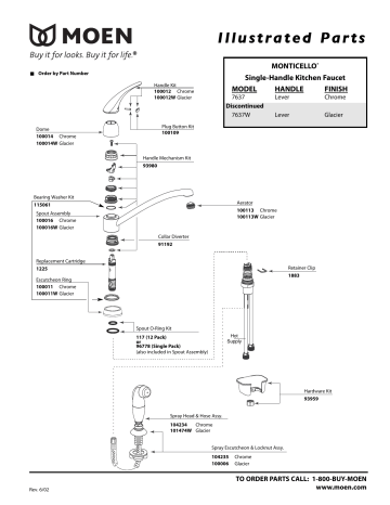 Moen 7637 Monticello Chrome one-handle kitchen faucet Exploded Parts ...