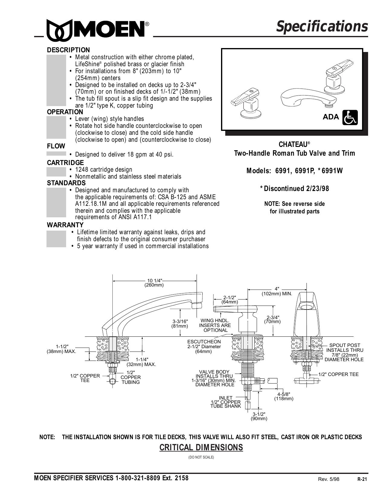 Moen 6991 Chateau Chrome Two Handle Roman Tub Faucet Specifications Manualzz